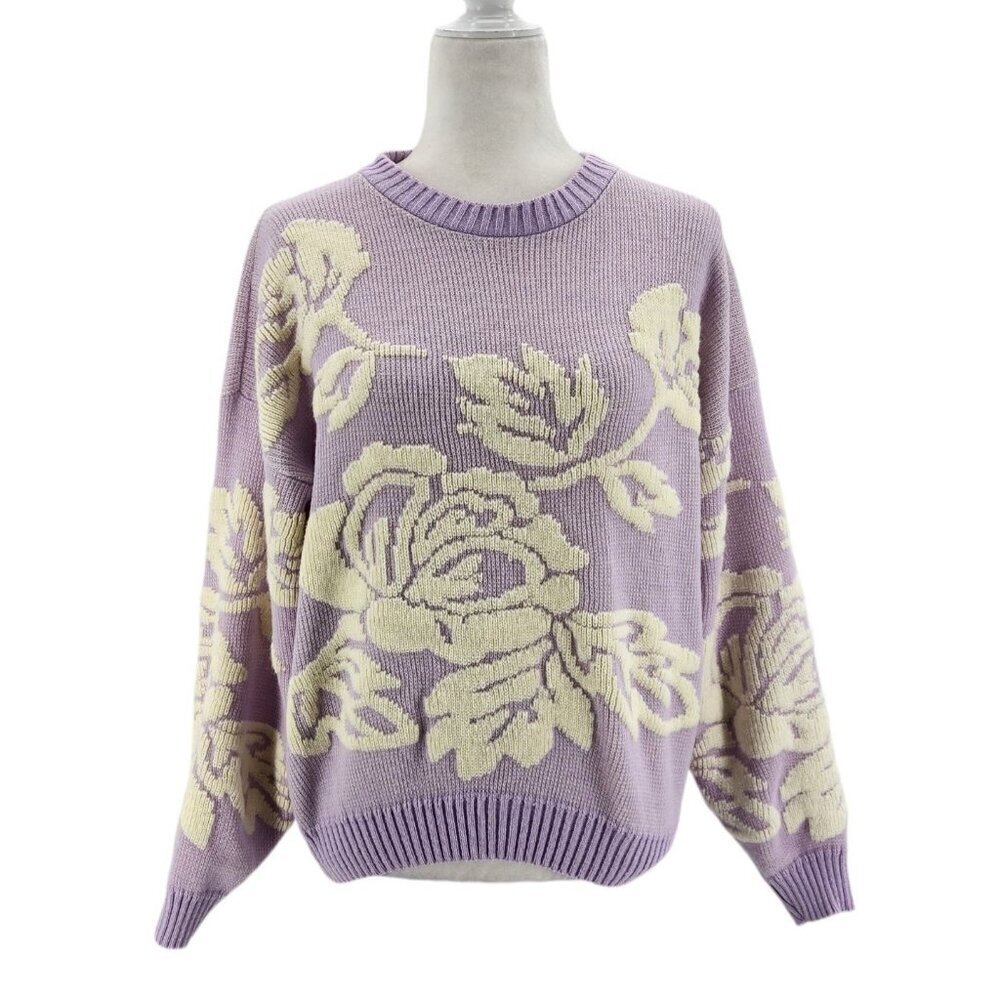 Vintage Nan Dorsey Floral Purple Retro Kidcore Knit Sweater Womens Small